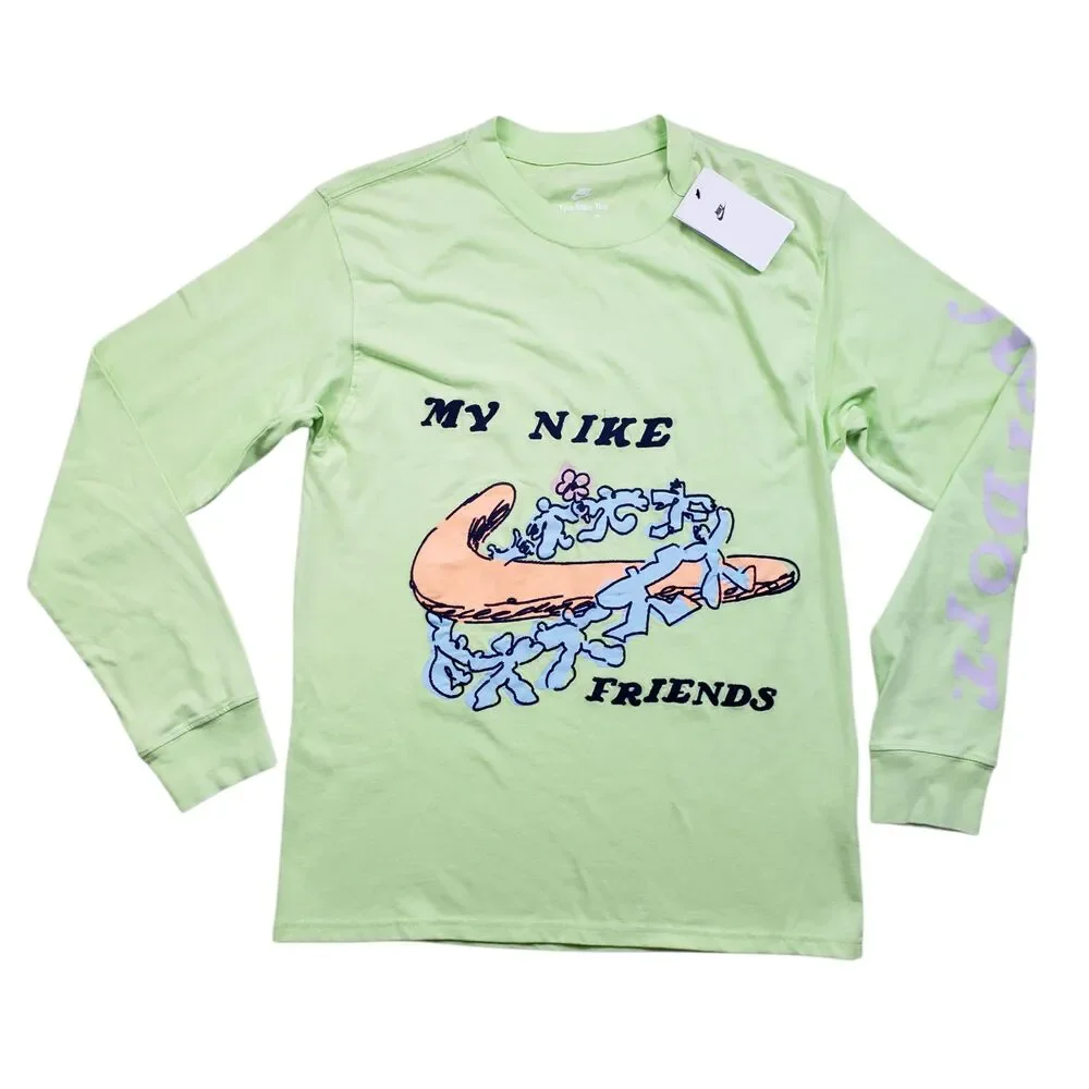 NWT Nike Tee My Nike Friends Shirt Mens Small Green Embroidered Long Sleeve
